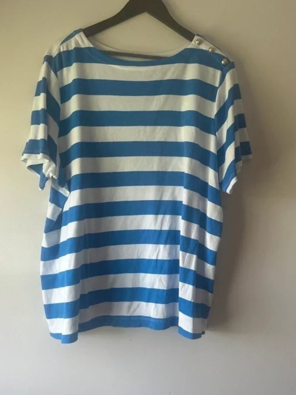 Croft & Barrow Women’s 2X Blue White Striped Top Nautical Button Shoulder